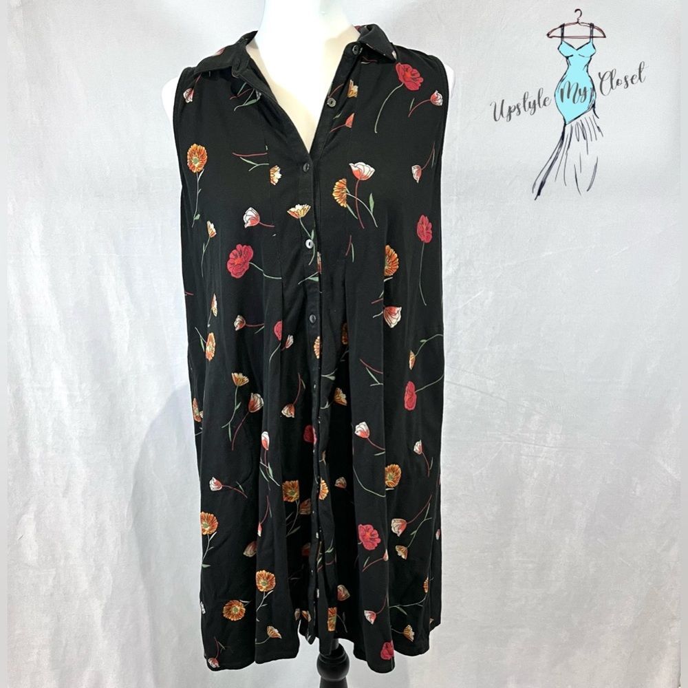 J.Jill black floral cotton blend shift shirt dress size small petite